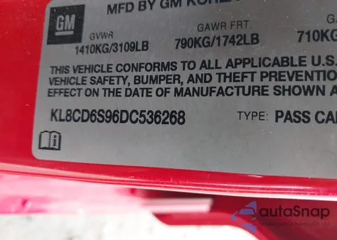 2013 Chevrolet Spark 1Lt Auto z USA, uszkodzony, nr VIN KL8CD6S96DC536268